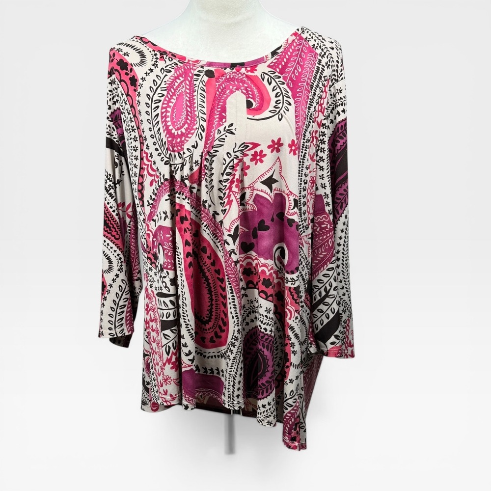Susan Graver Liquid Knit Tunic Women XL Pink Bohemian Paisley Pintuck Flowy
